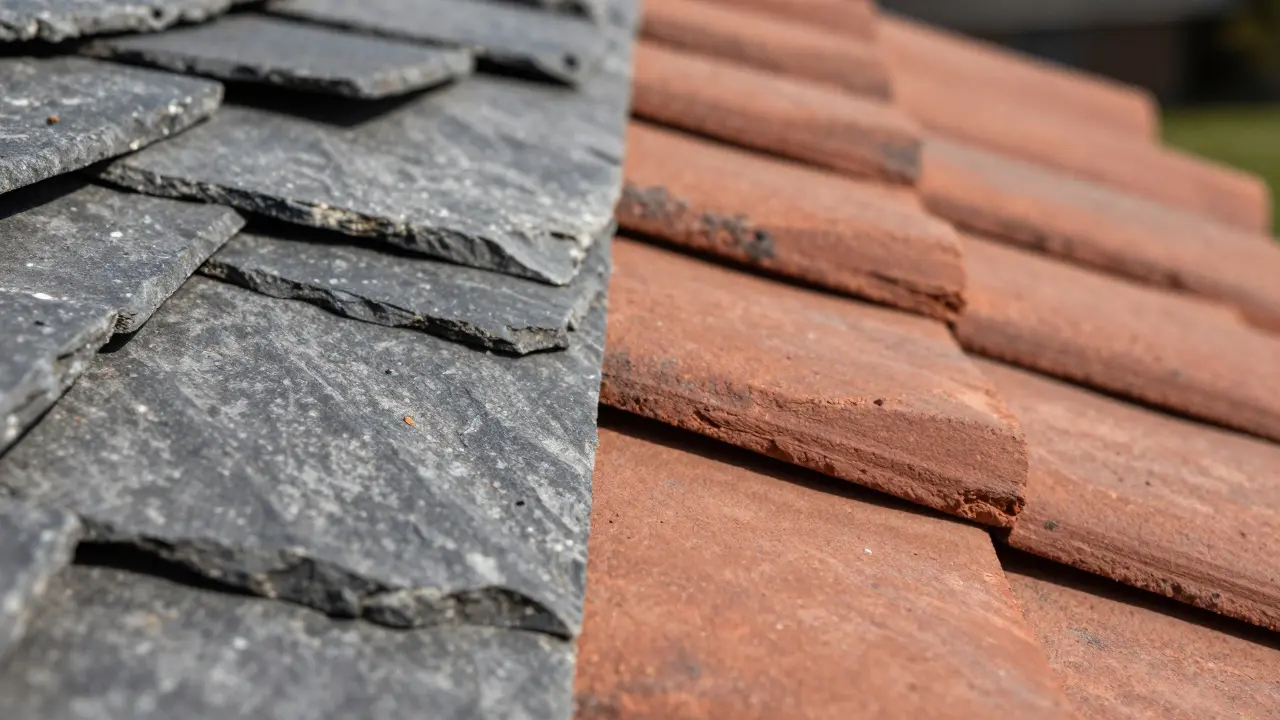 Detailaufnahme von Naturschiefer und Tonziegeln im Vergleich