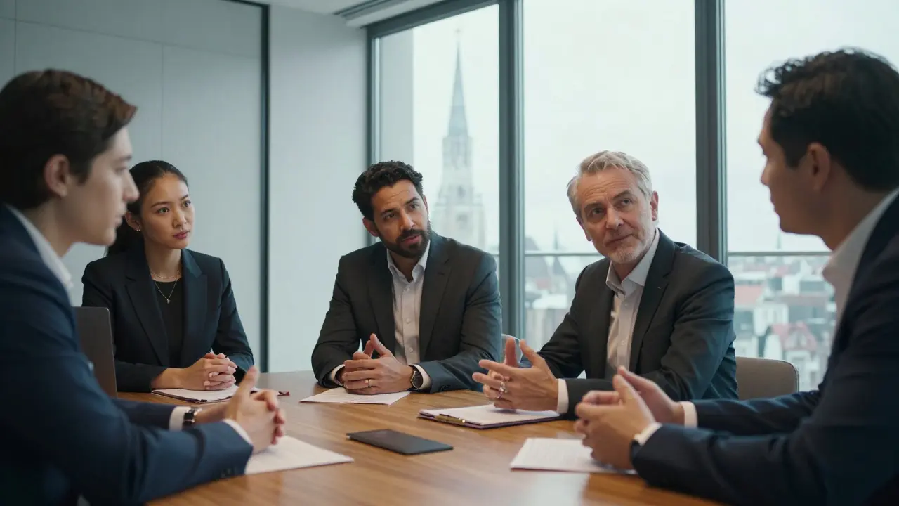 Diskrete Verhandlung von Immobilieninvestoren in einem modernen Büro mit Blick auf München