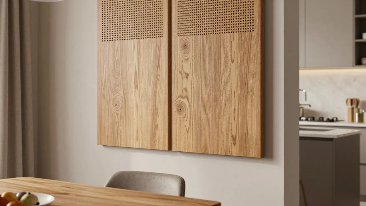 Elegante Holz-Akustikpaneele an der Wand zur Schalldämmung im Wohnbereich.