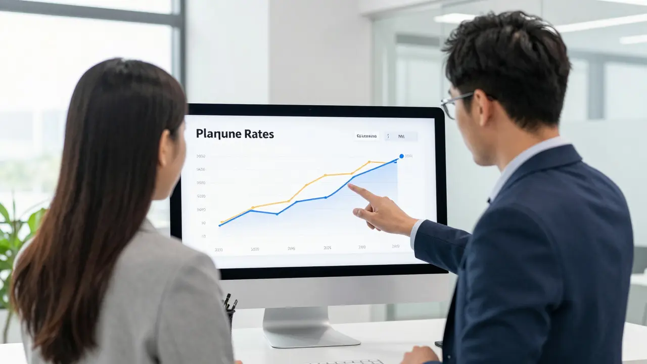 Finanzberater und Kunde analysieren Zinsvergleiche auf Tablet