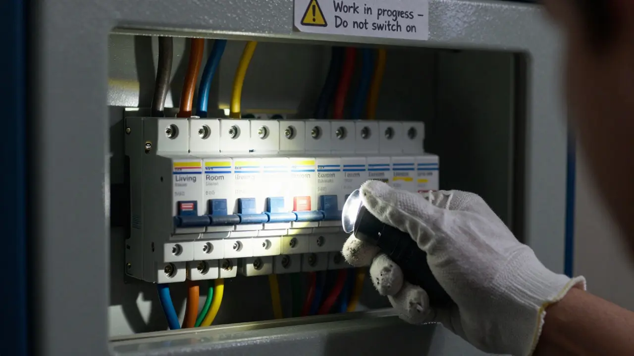 Hand schaltet Sicherung aus und sichert Verteilerkasten gegen Wiedereinschalten