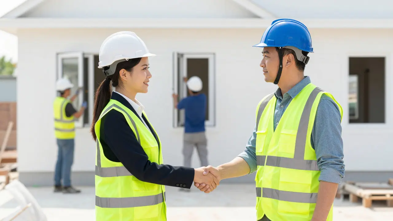 Handschlag zwischen Kunde und Generalunternehmer auf einer sauberen Baustelle