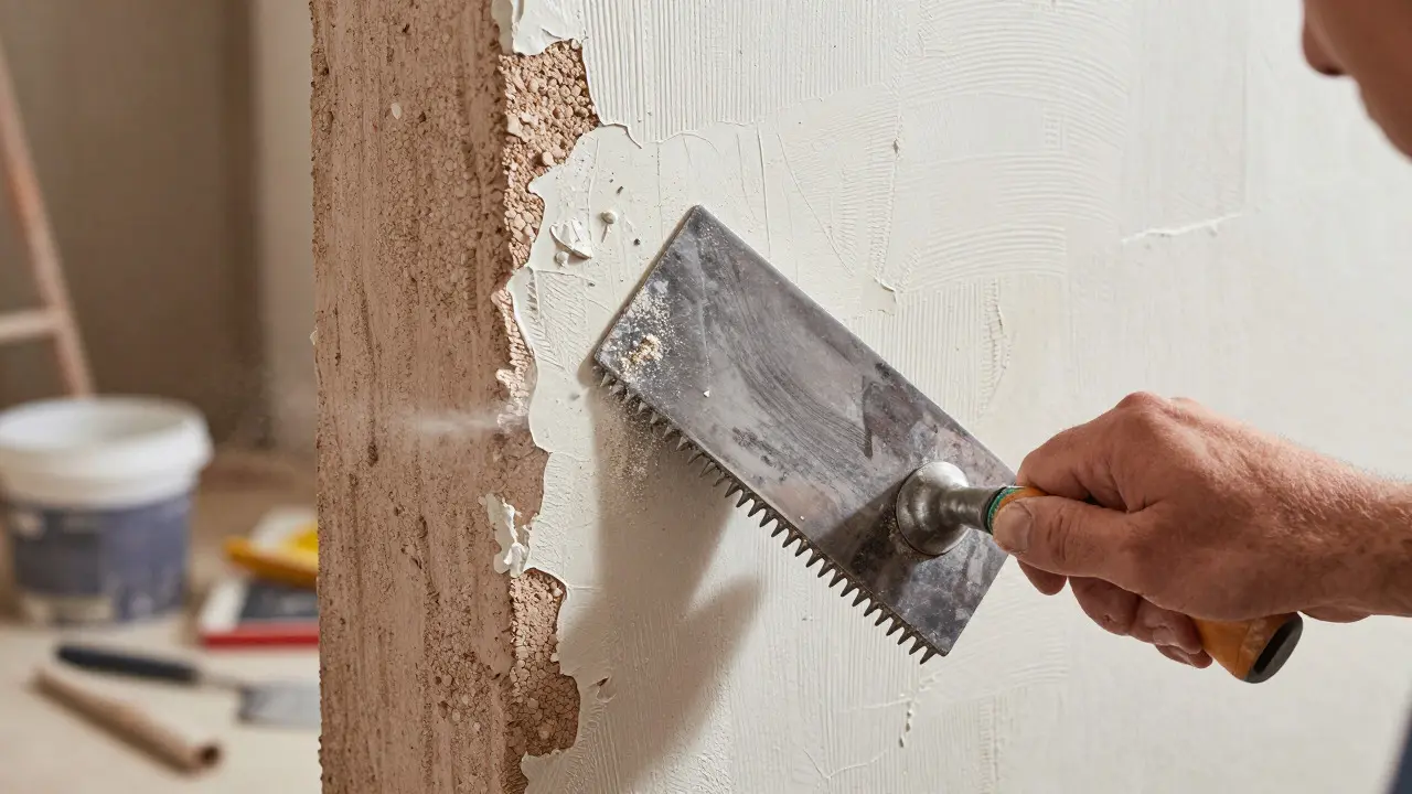 Handwerker bearbeitet frischen Kratzputz mit einem Igel-Werkzeug