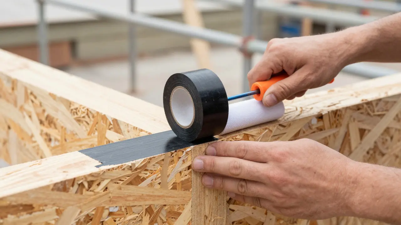 Handwerker presst Dichtband auf OSB-Platte mit Rolle fest
