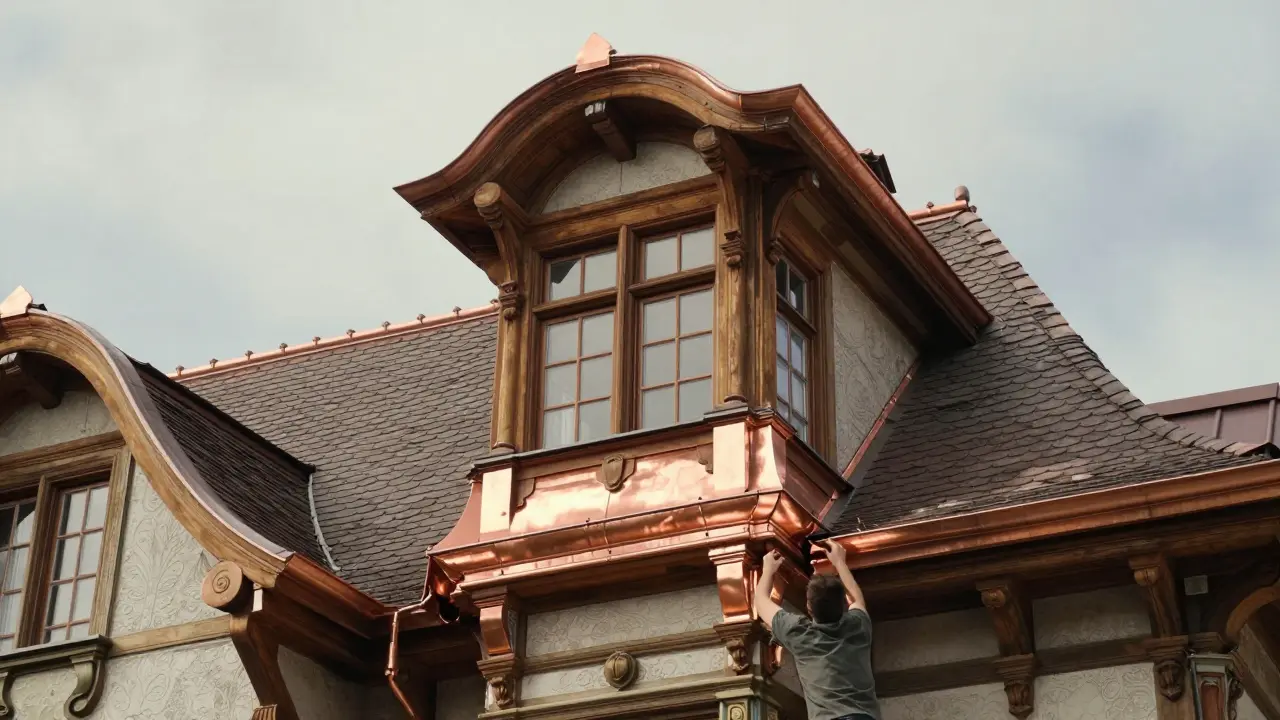 Handwerker repariert Kupferblech an einer historischen Gaube