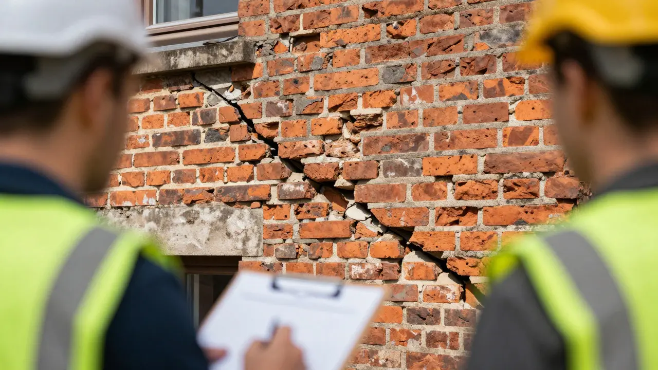 Ingenieur prüft Risse in der Fassade eines alten Backsteinhauses