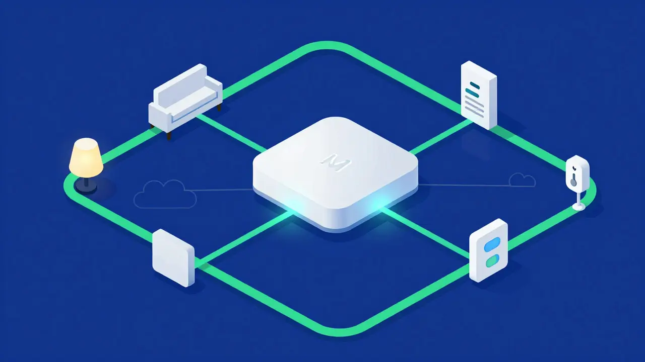 Isometrische Illustration eines lokalen Smart-Home-Netzwerks mit Matter-Standard