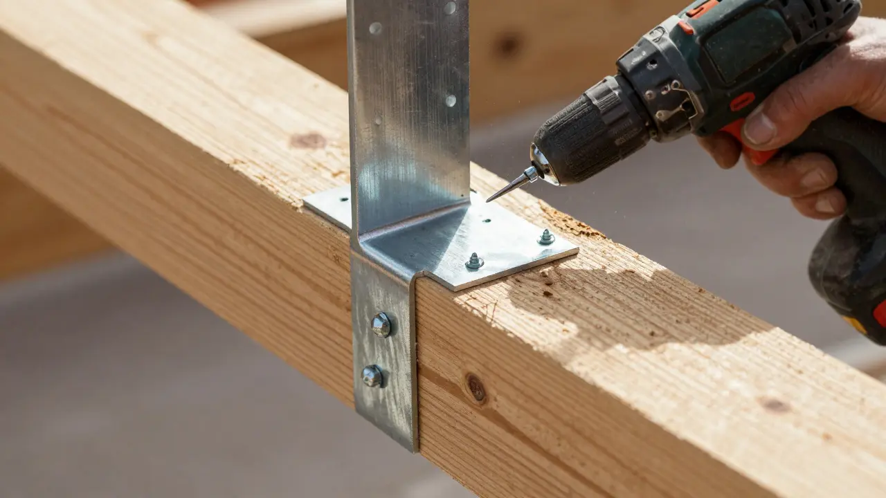 Nahaufnahme der Verstärkung von Holzbalken mit Stahlprofilen