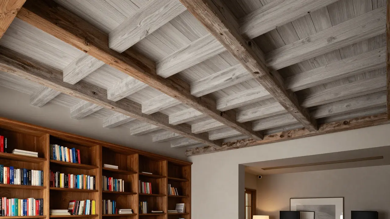 Restaurierte Decke mit modernen Holzplatten und altem Fachwerk