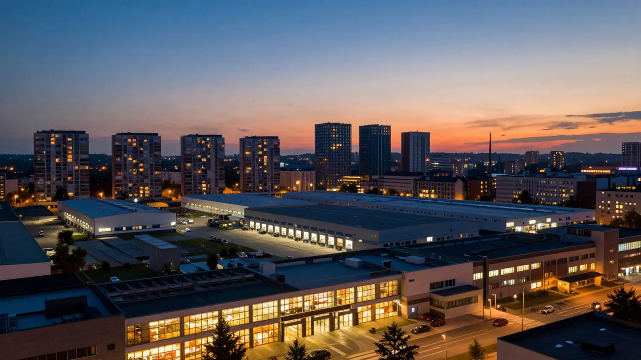 Stadtlandschaft mit Einzelhandel, Logistik und Wohngebieten