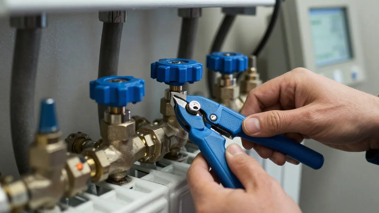 Technician adjusting radiator valves for hydraulic balance