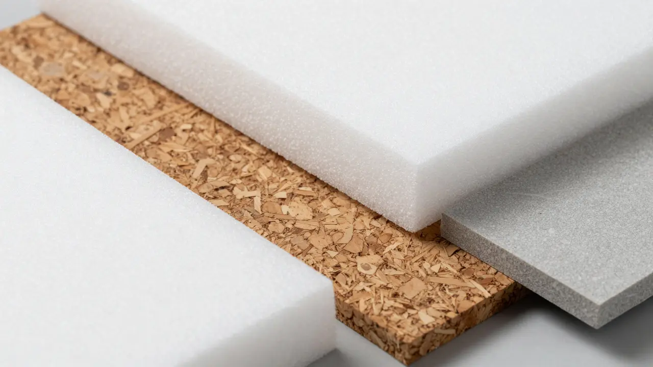 Verschiedene Dämmmaterialien wie Holzweichfaser und Polystyrol im Detail