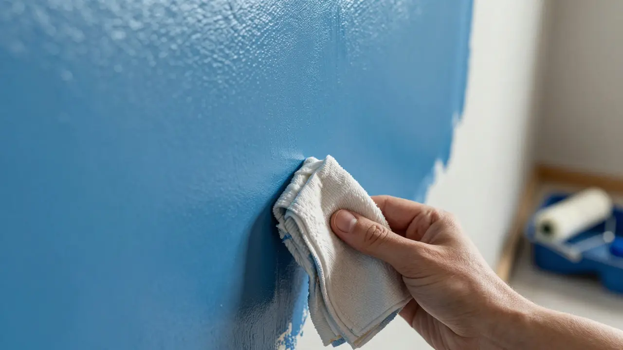 Abziehen des Kreppbands im 45-Grad-Winkel von frischer blauer Wandfarbe