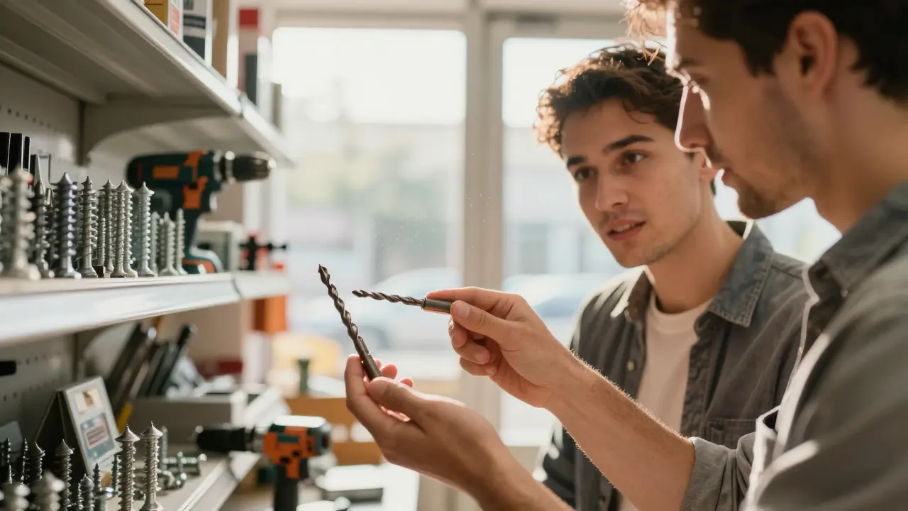 Expert advising customer on tool selection in bright hardware store