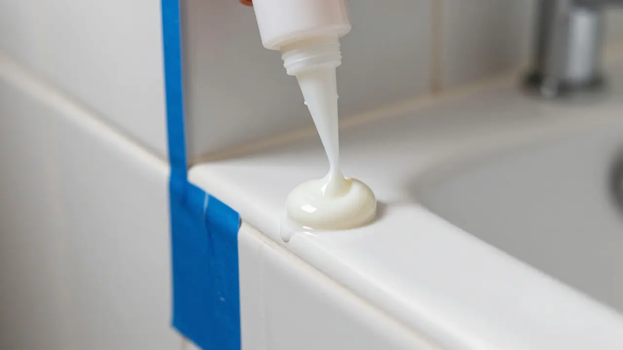Frisch gesetzte Silikonfuge zwischen Fliesen und Badewanne mit Kreppband