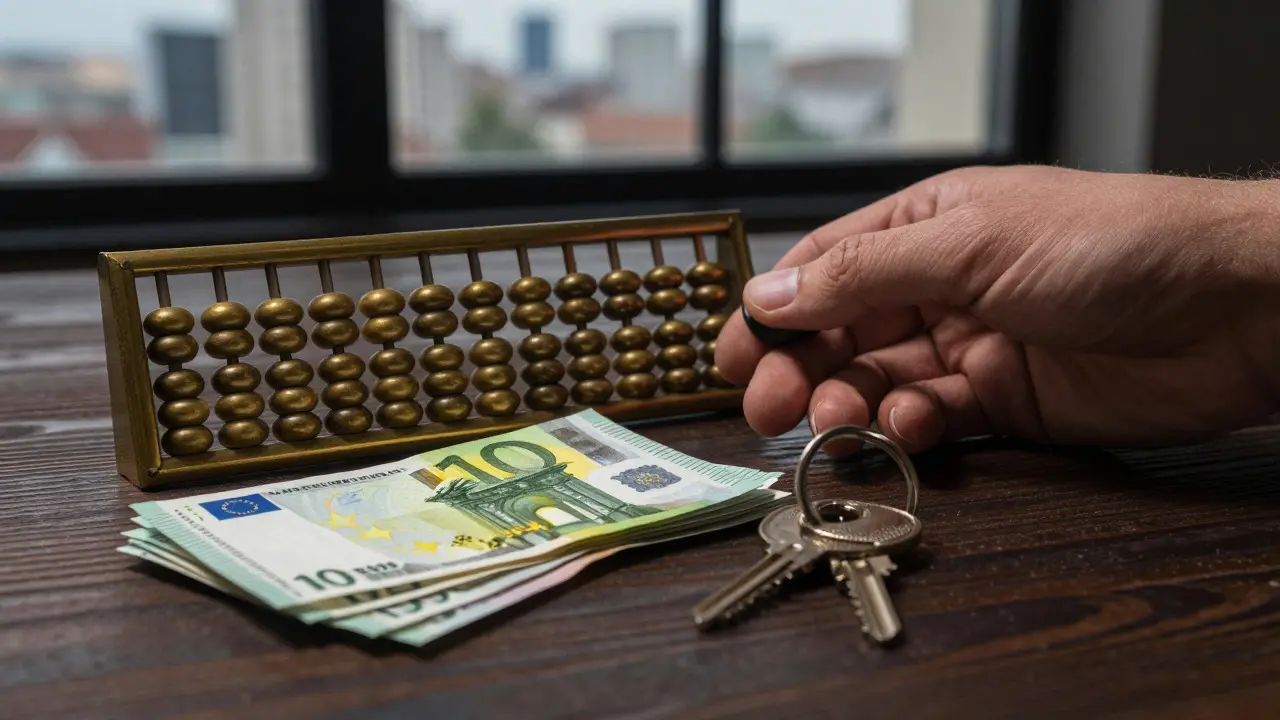 Hand holding an abacus next to Euro cash and house keys on a wooden desk