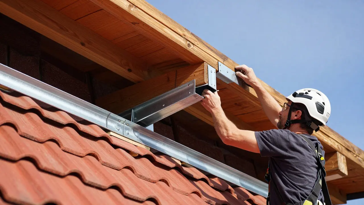 Handwerker montiert ein Stahlprofil zur Verlängerung des Dachüberstands