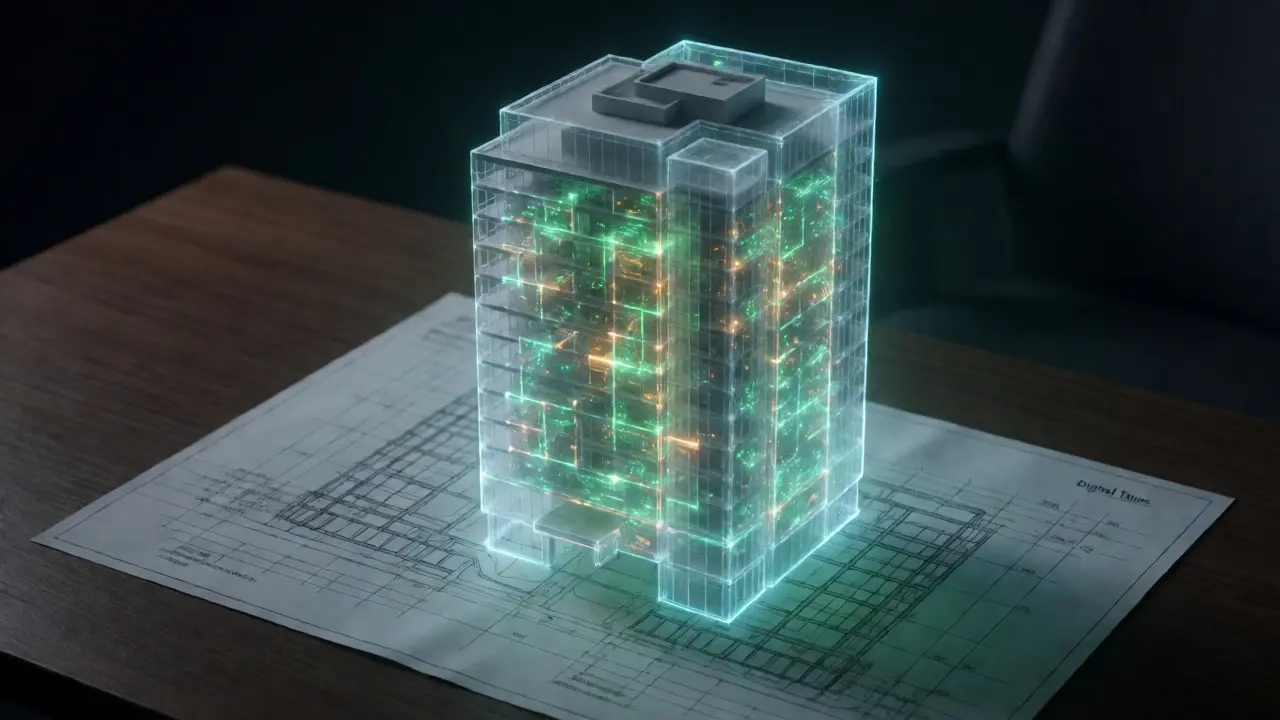 Holographischer digitaler Zwilling eines Hochhauses mit KI-gestützten Wartungsindikatoren.