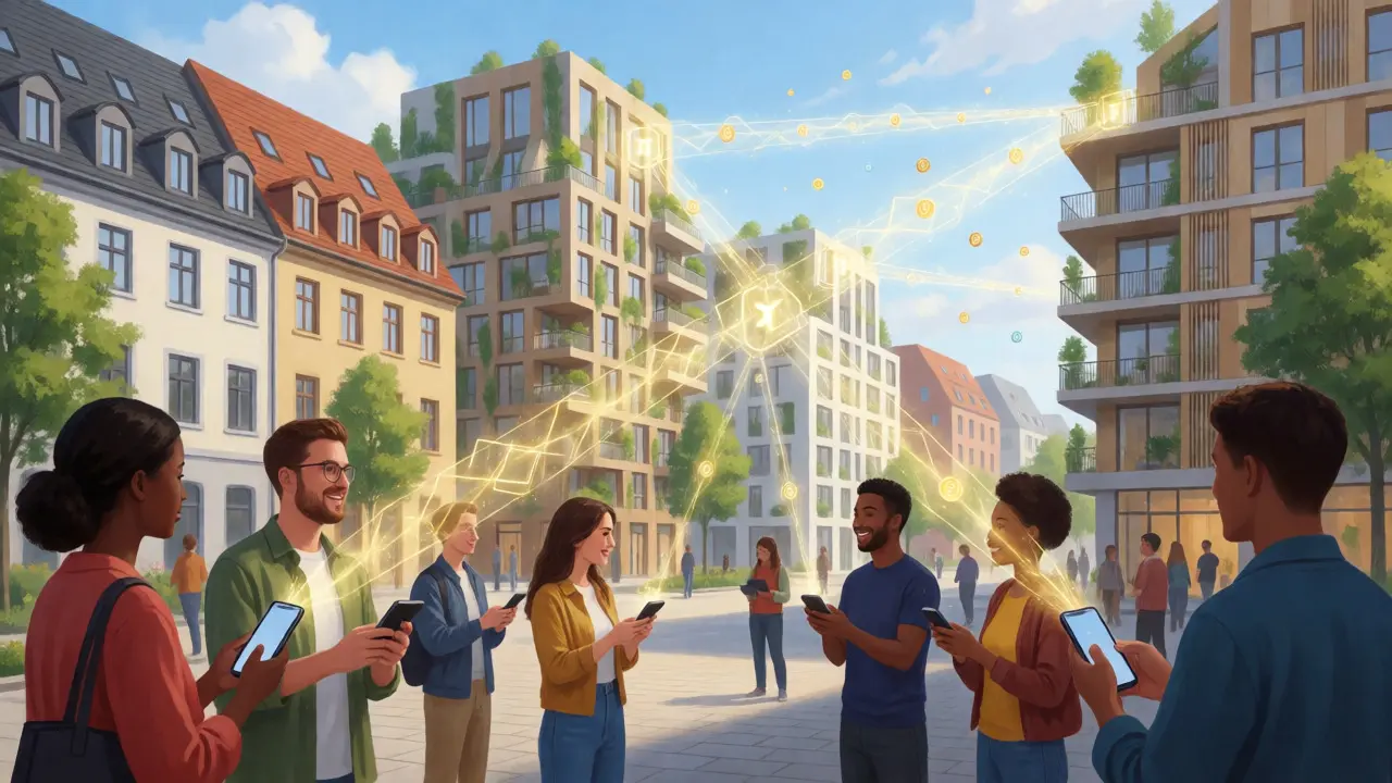 Investoren verbinden sich per Smartphone über Blockchain-Strahlen mit Wohnimmobilien.