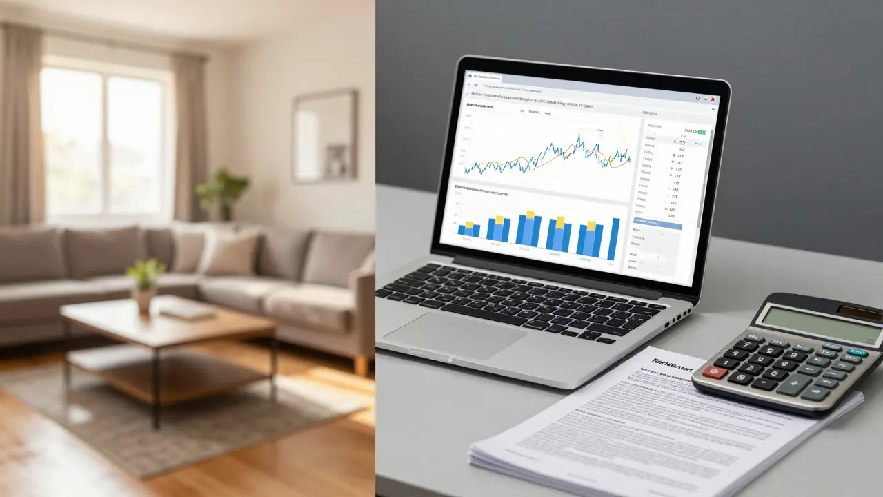 Kontrast zwischen gemütlichem Wohnraum und finanziellen Investorencharts