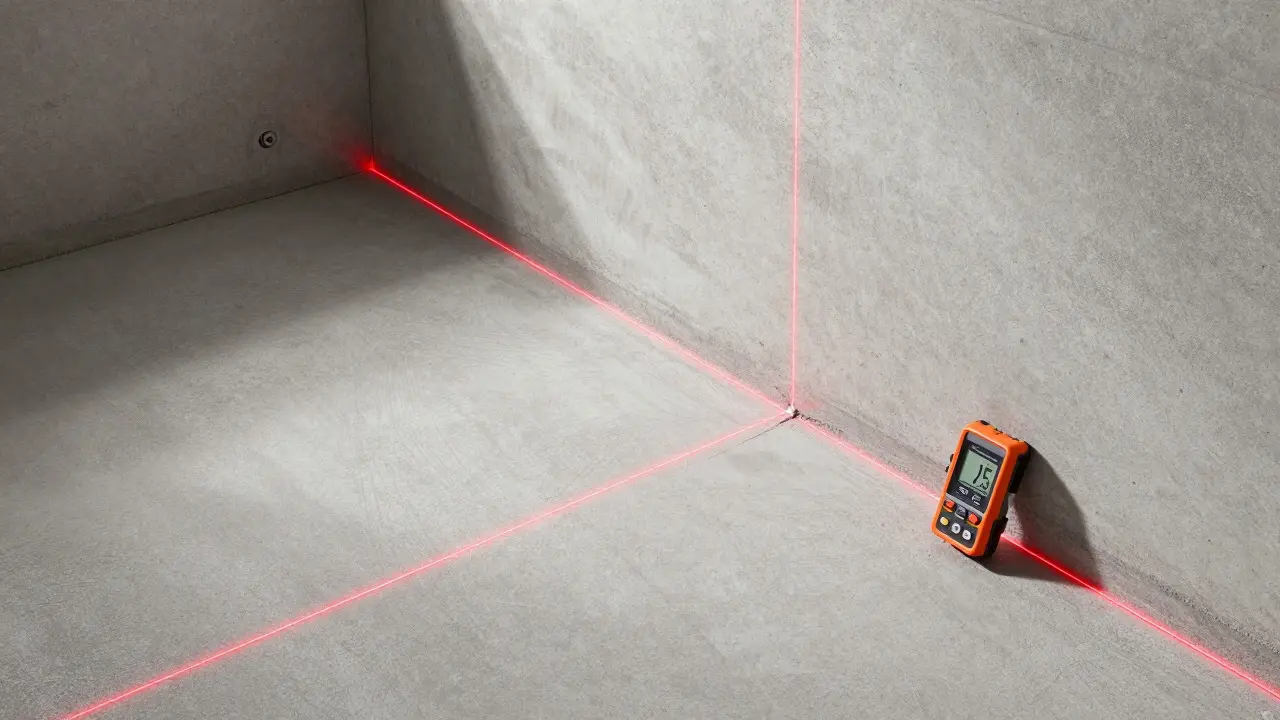 Lasergerät misst das Gefälle eines Bodens für eine bodengleiche Dusche