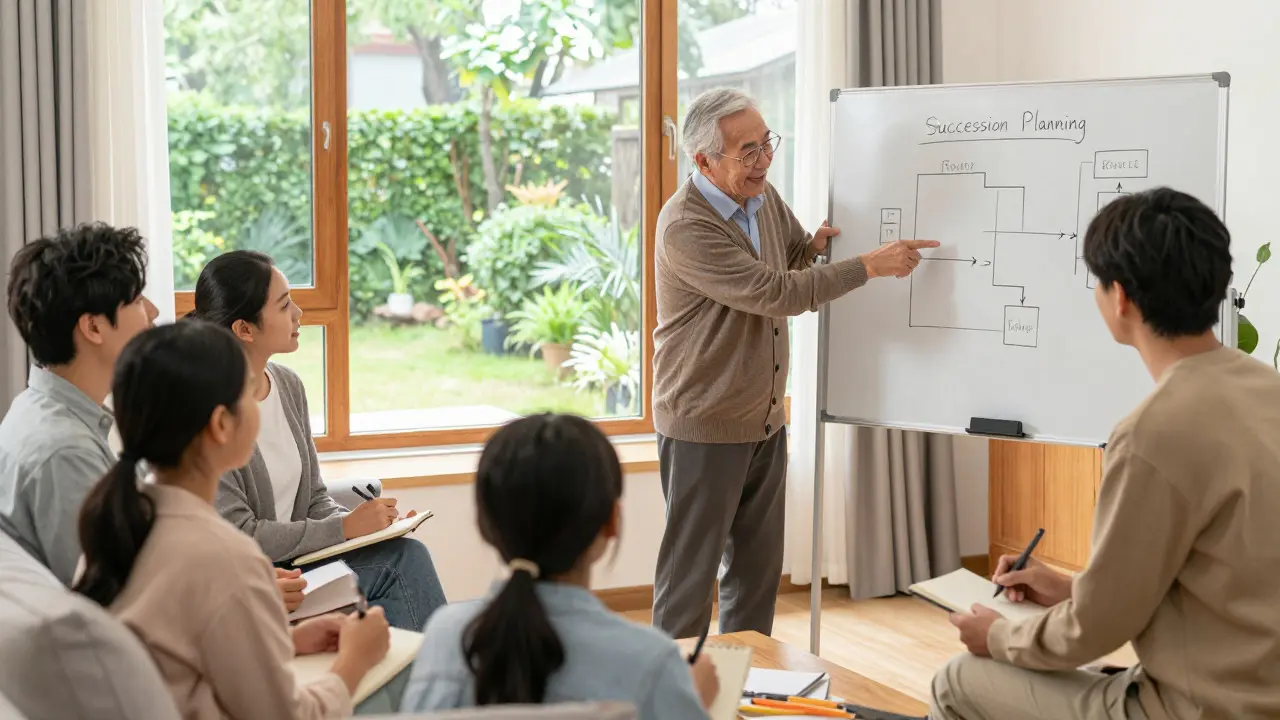 Mehrgenerationen-Familie plant gemeinsam die Nachfolge an einem Whiteboard
