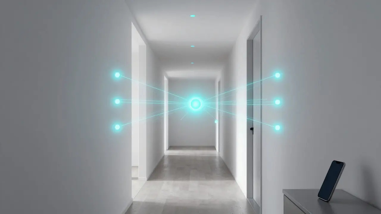 Moderne vernetzte Brandschutzsysteme in einem hellen Wohnungsgang