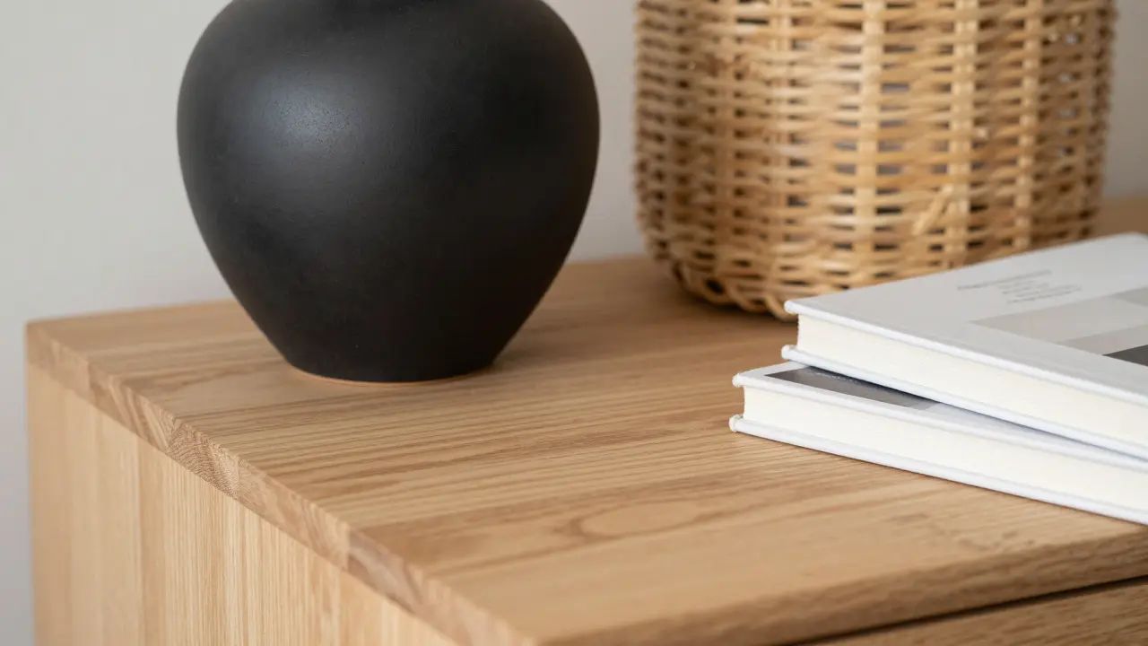 Nahaufnahme von schwarzer Keramik, Holz und Rattan-Texturen