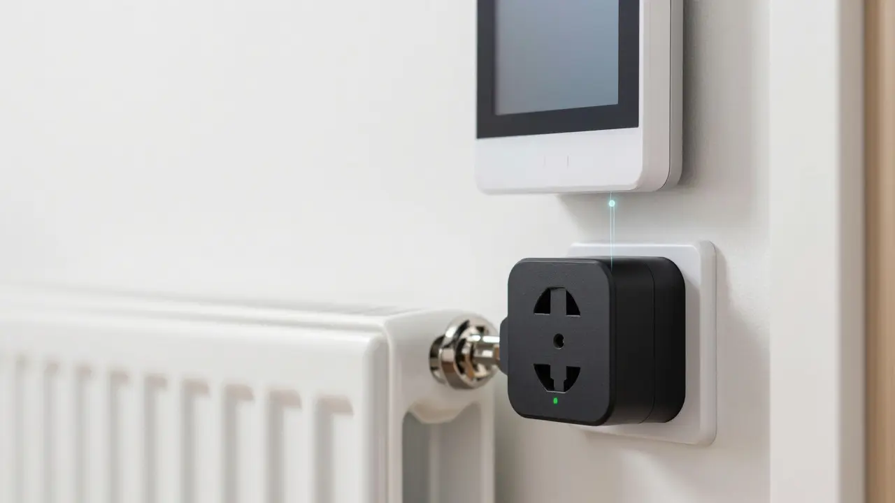 Nahaufnahme von Smart-Steckdose und Thermostat an einem Heizkörper im Flur