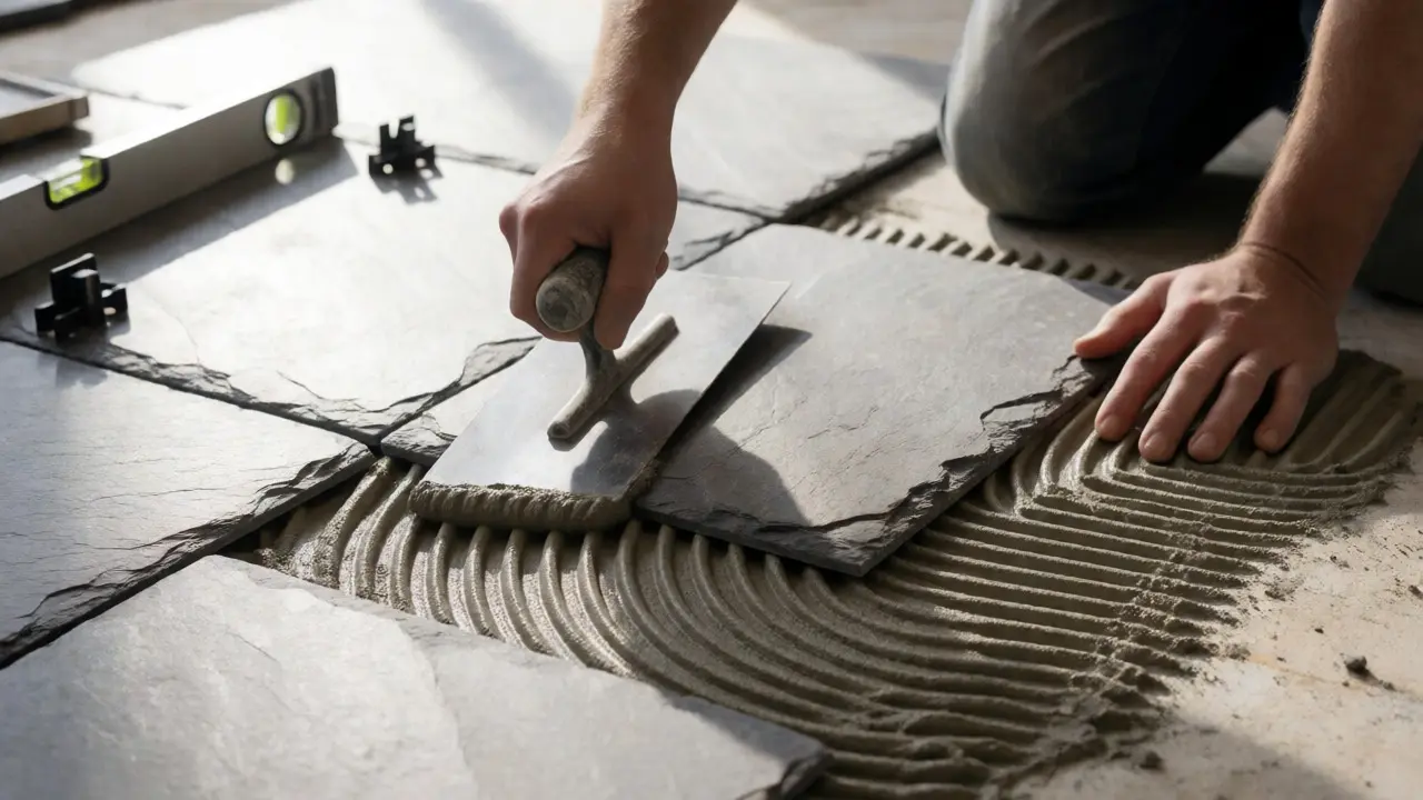 Professional installer applying adhesive to slate tiles during floor renovation.