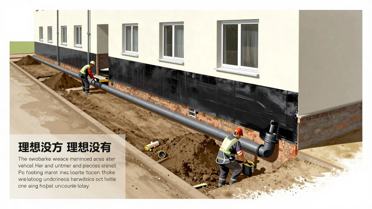 Querschnitt: Außenabdichtung und Drainage im Reihenhaus