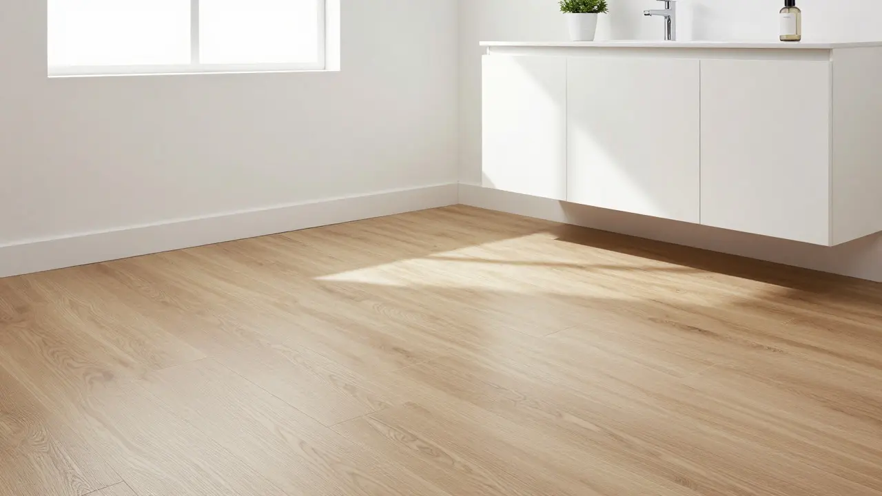 Renoviertes Bad mit Holzoptik-Vinylboden und weißer Wand