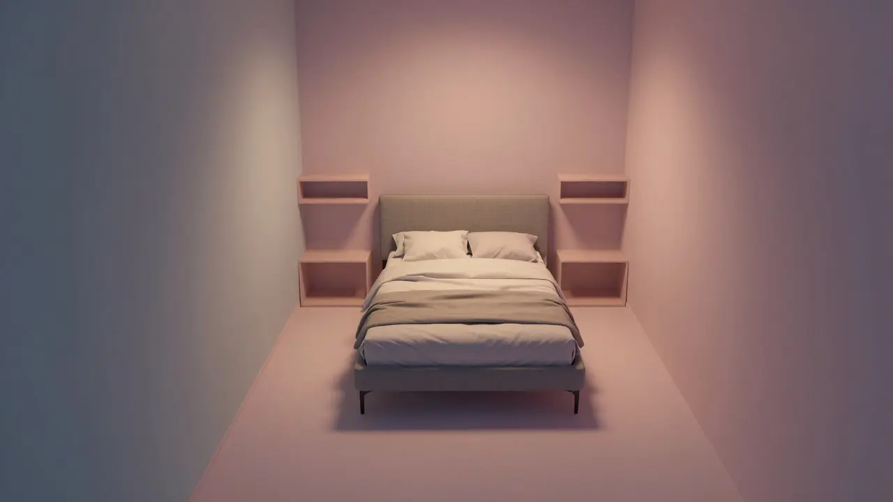 Schlafzimmer-Layout mit Bett, das von drei Seiten frei zugänglich ist