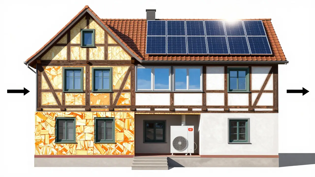 Schnittmodell eines Hauses zeigt Dämmung, Fenster und Solarpaneele
