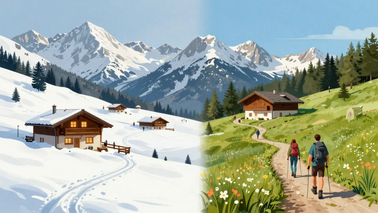 Split view of a mountain cabin in snowy winter and sunny summer conditions
