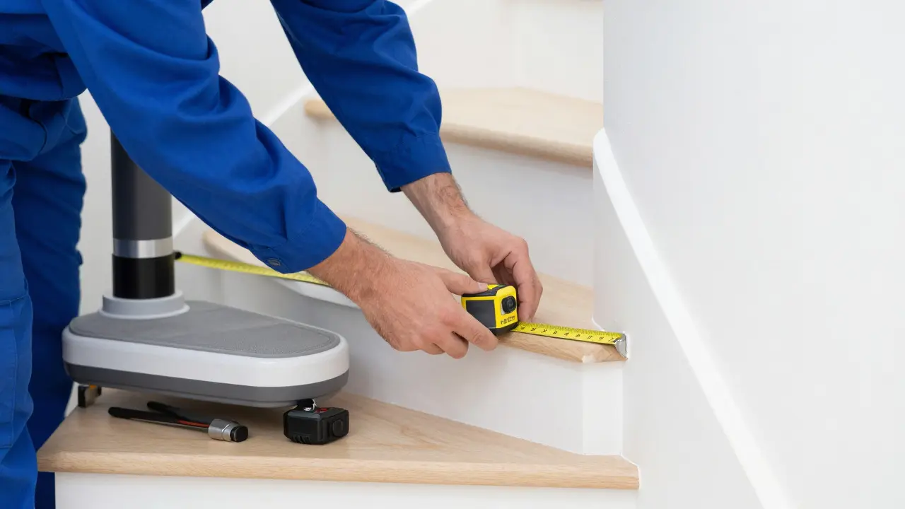 Techniker misst präzise eine geschwungene Treppe für die Liftmontage ab