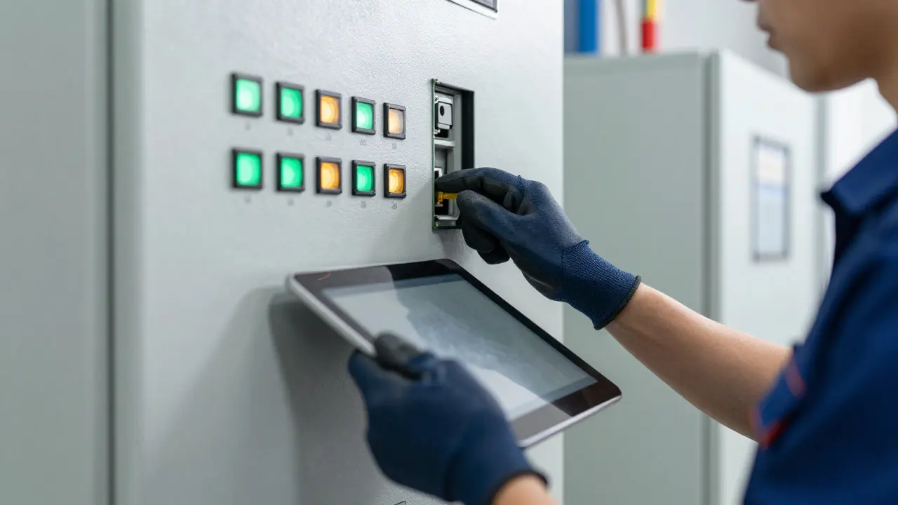 Techniker wartet eine zentrale Brandmeldeanlage in einem Wohngebäude