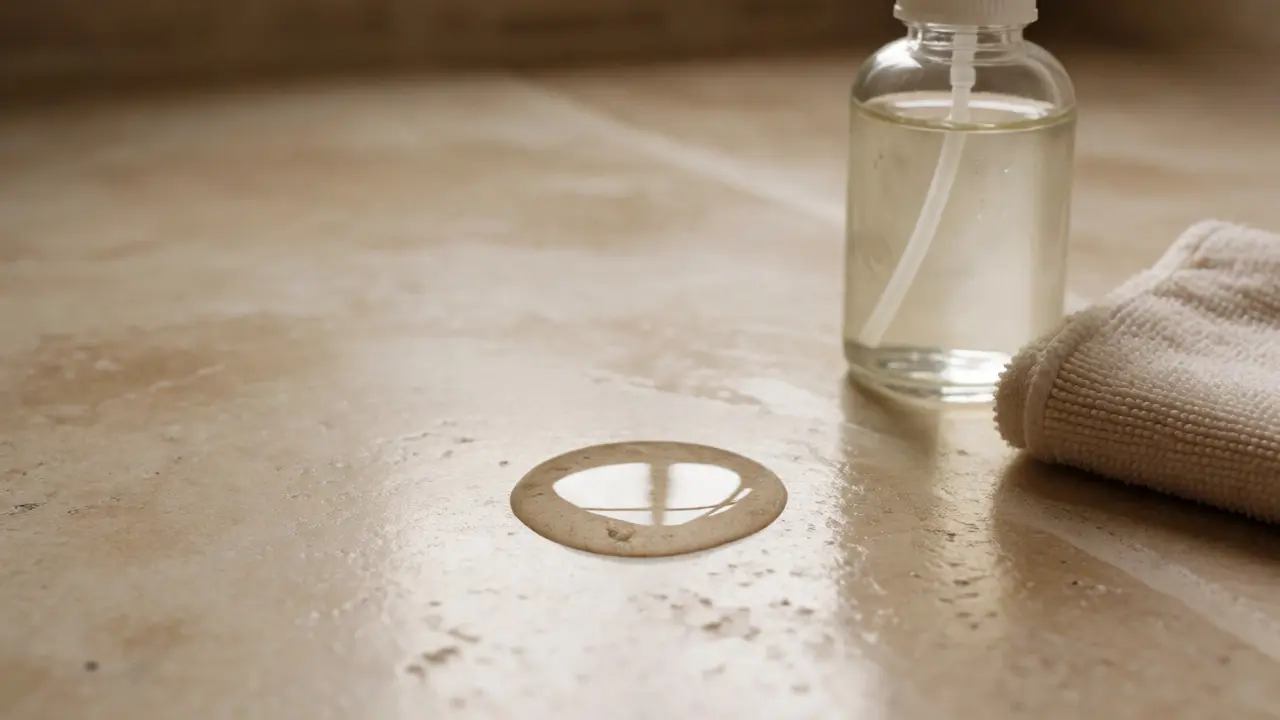 Water droplet beading on sealed limestone floor next to cleaning supplies.