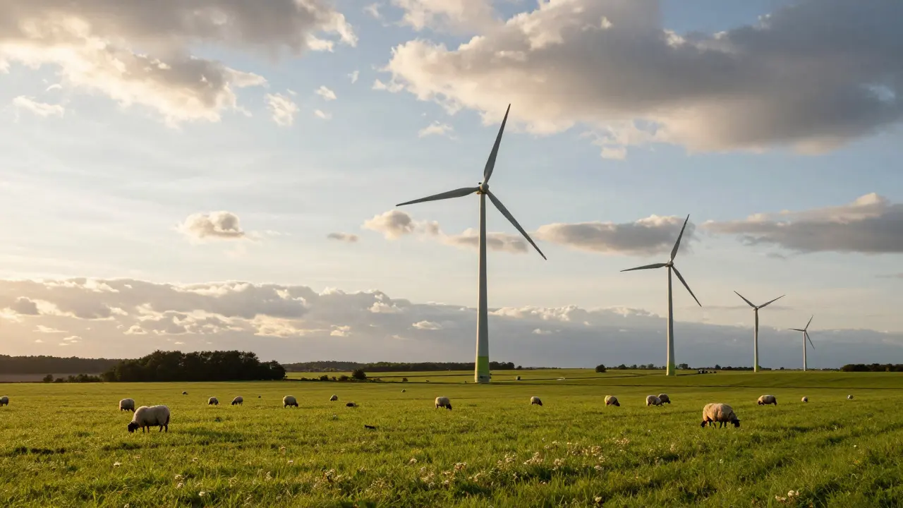 Windkraftanlagen auf einer grünen Wiese bei Sonnenuntergang