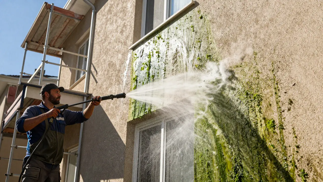 Worker cleaning residential facade with high-pressure water sprayer