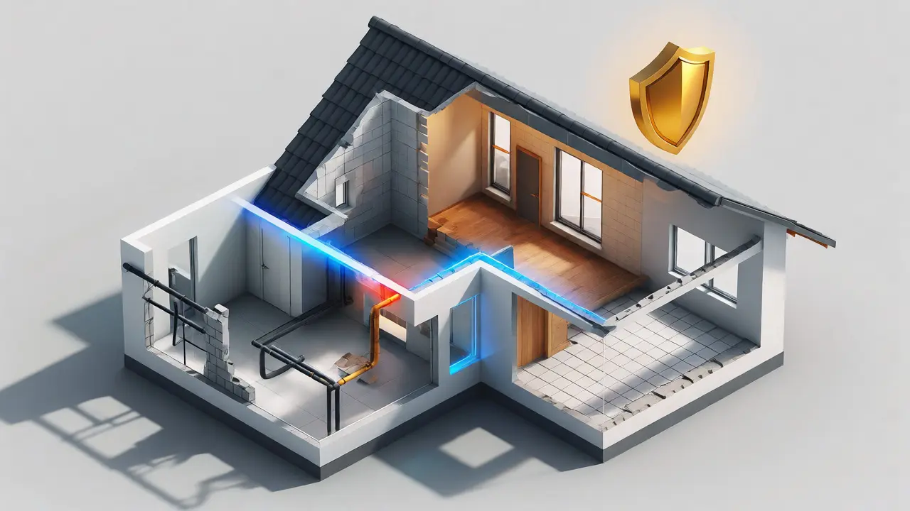 3D-Schnittmodell eines Hauses mit markierten Bauphasen und Schutzschild