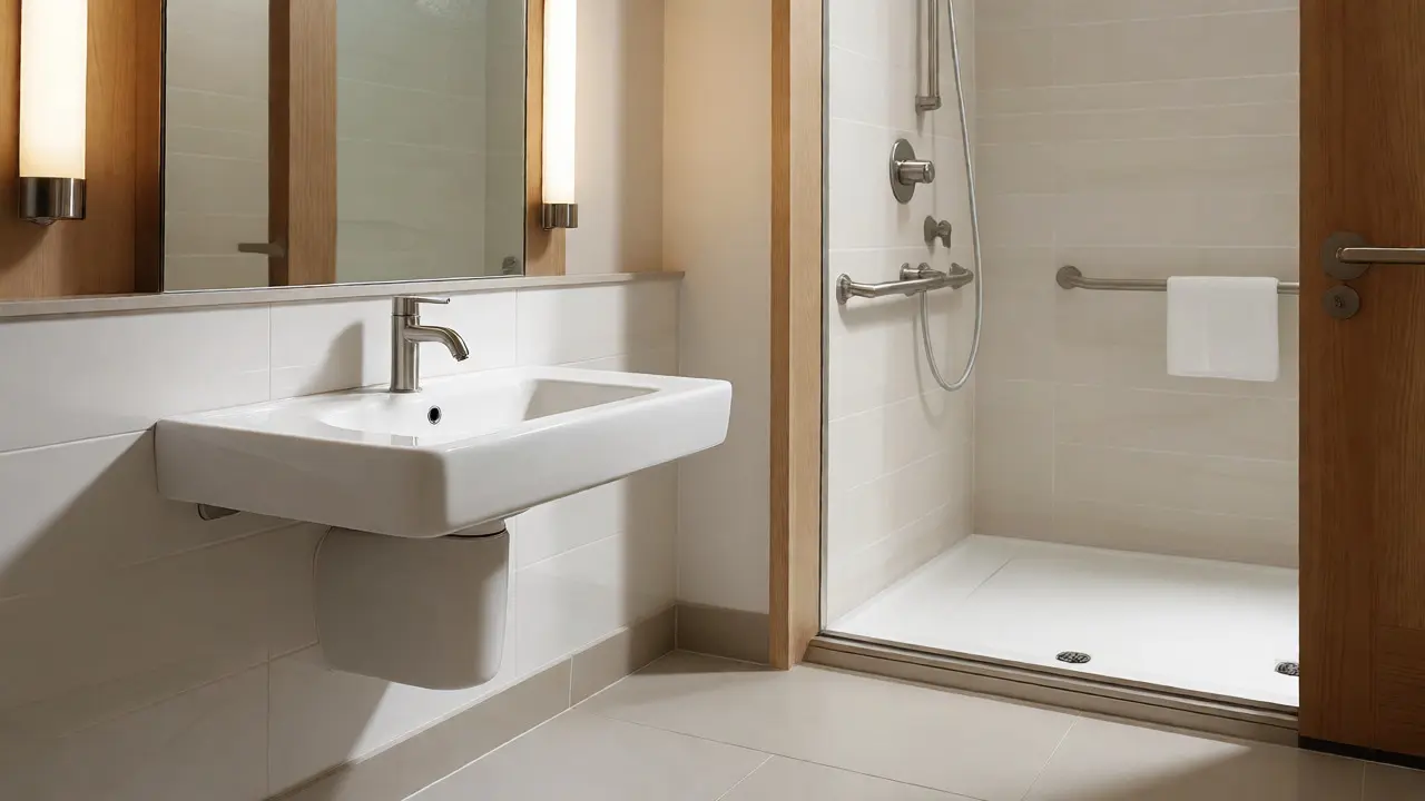 Detailaufnahme eines ergonomisch geplanten Bads mit barrierefreiem Duschzugang