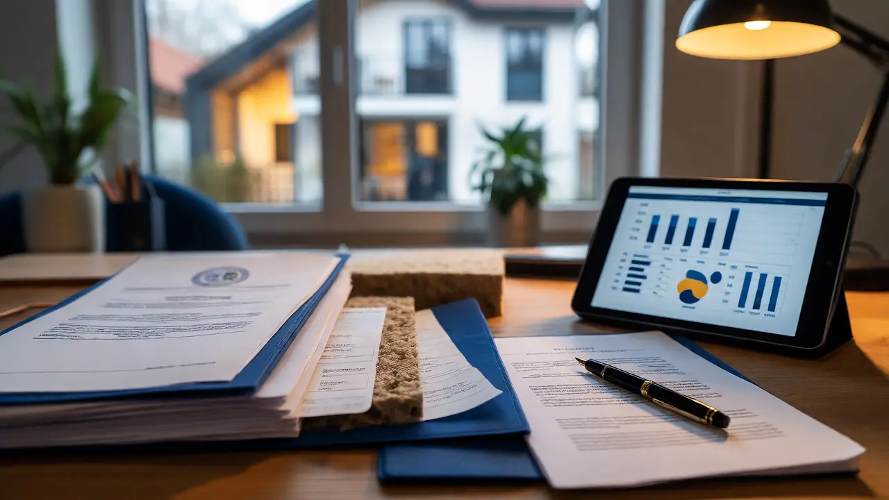 Dokumente und Gutachten auf dem Schreibtisch eines Immobilienexperten