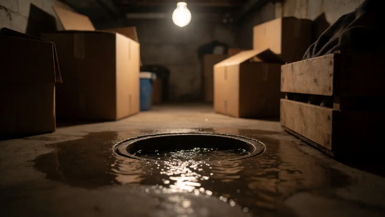 Dreckiges Wasser tritt aus einem Abfluss im Kellerboden und überflutet den Raum