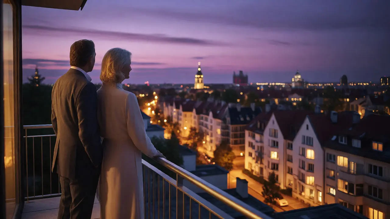 Elegantes Paar auf Balkon mit Blick über die beleuchtete Skyline von München