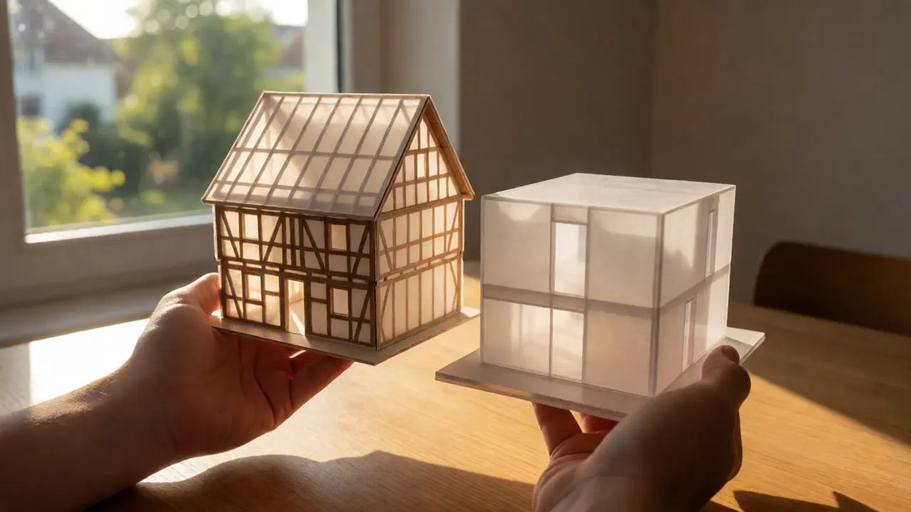 Hände halten Modelle von saniertem Altbau und modernem Neubau
