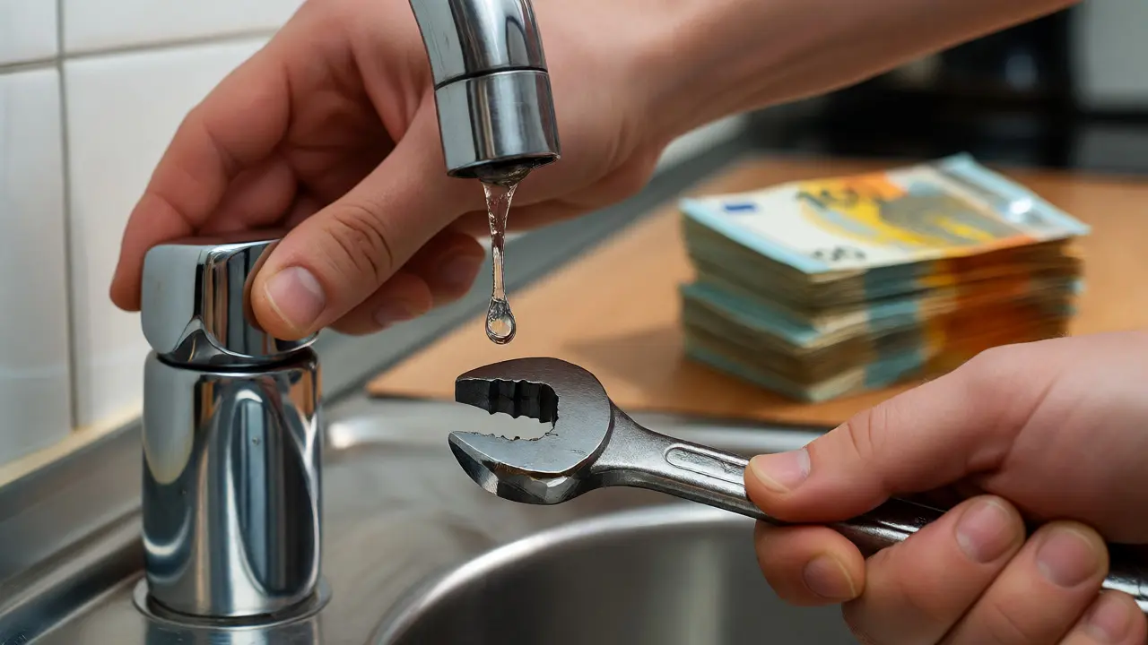 Hände reparieren tropfenden Wasserhahn mit Geldscheinen im Hintergrund