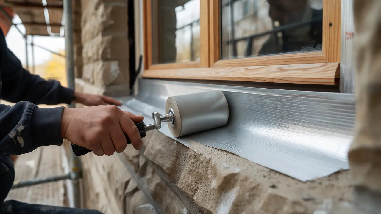Handwerker drückt ein Dichtband mit einer Andrückrolle auf die Fassadenoberfläche