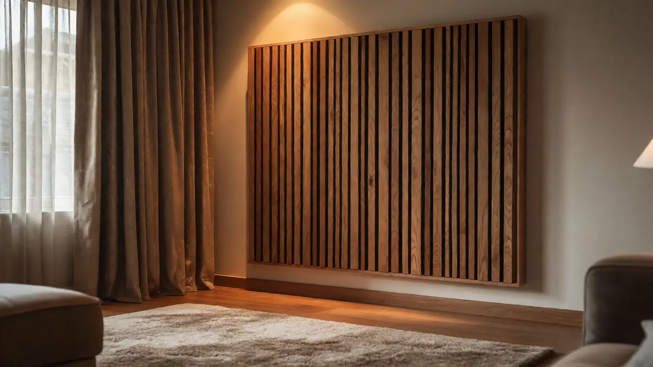 Holz-Akustikpaneele und schwere Vorhänge im Wohnzimmer