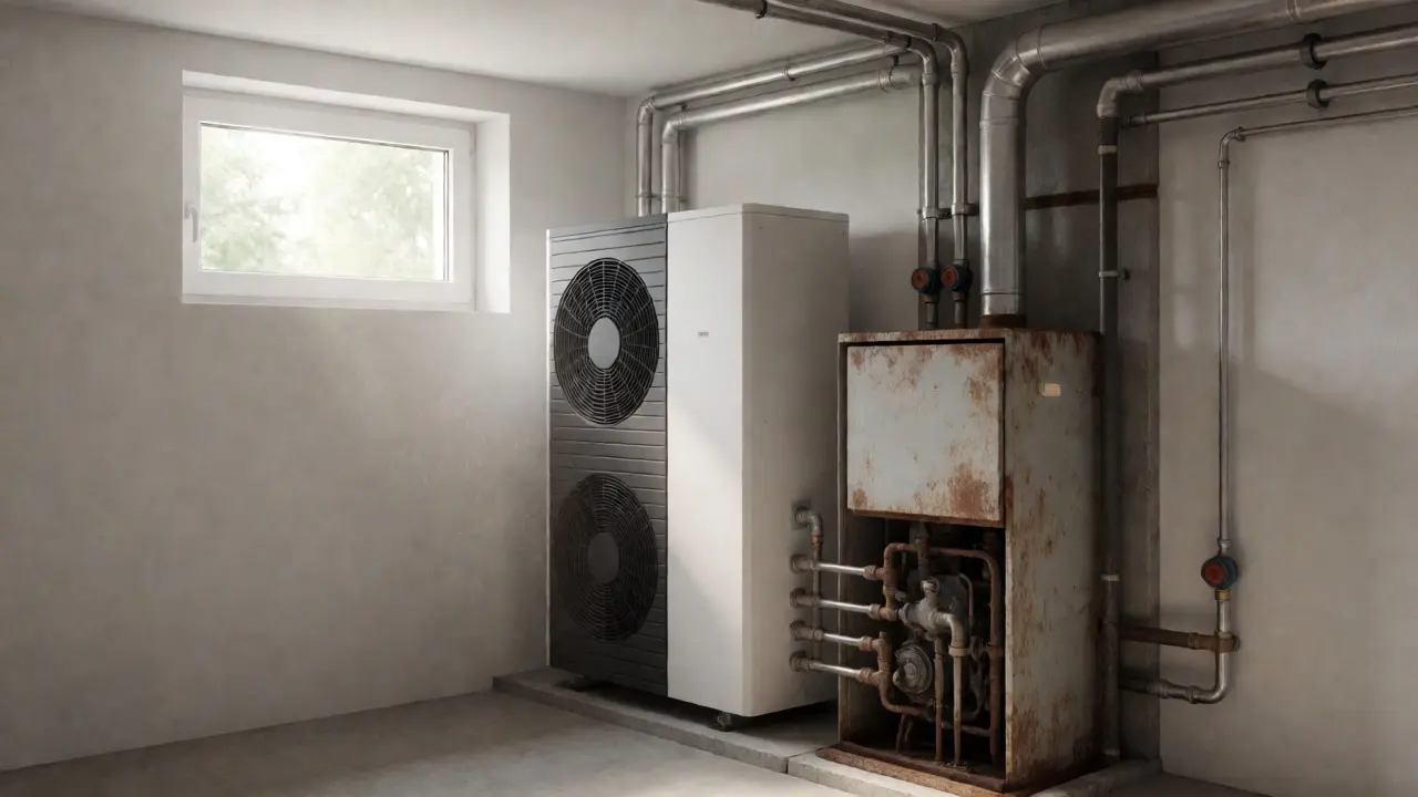 Kelleransicht eines sanierten Hauses mit moderner Wärmepumpe neben einer alten Gasheizung als Übergangslösung.